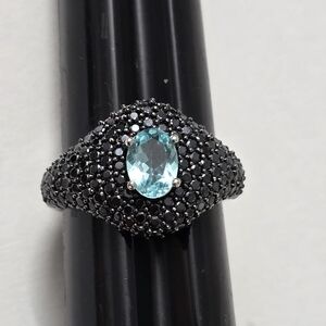 Sterling Silver 925 Intricate Black Spinel and Blue Topaz Vintage Ring